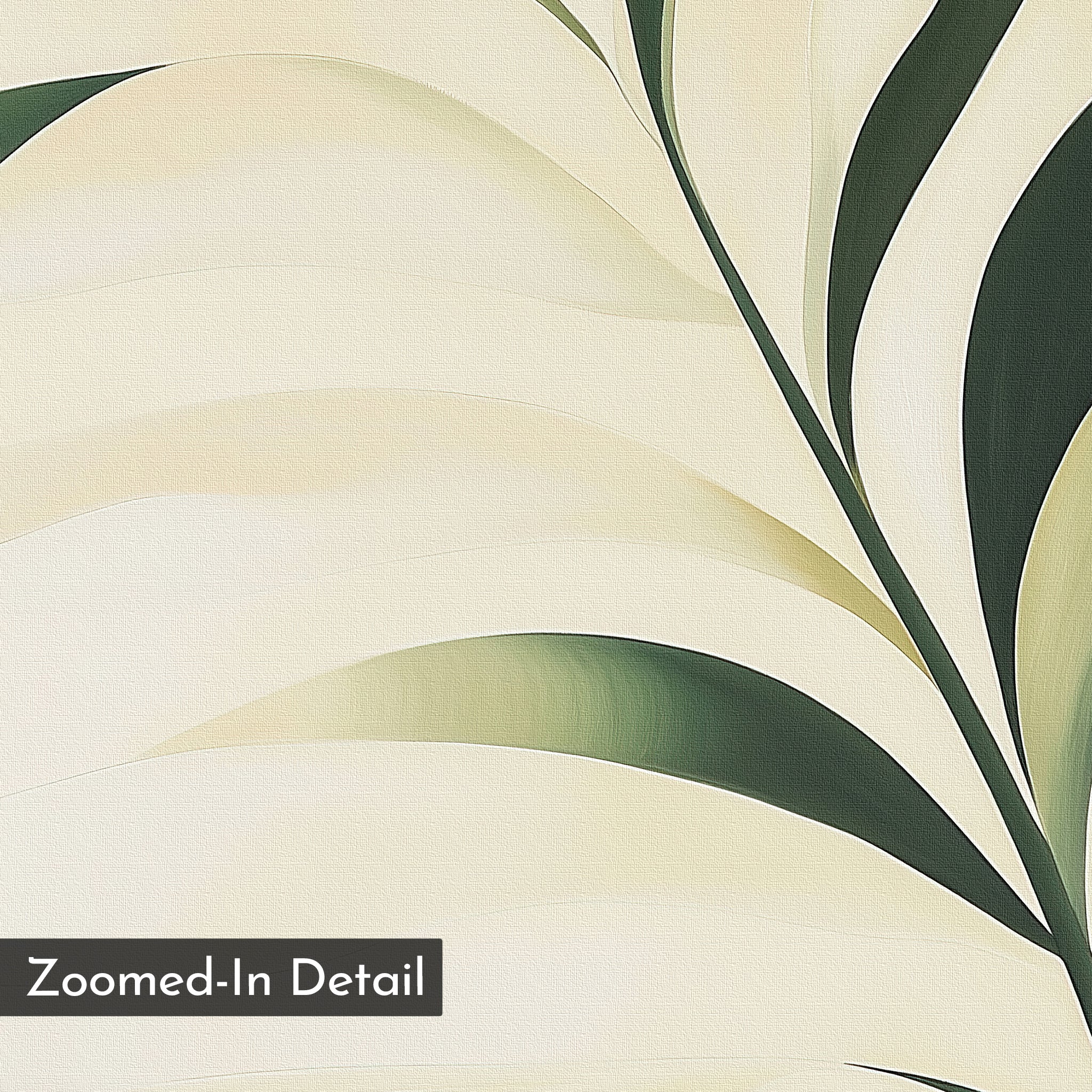 Spring Foliage Canvas Art features an abstract close-up of overlapping curved leaf shapes in cream, beige, and dark green, with a subtle canvas texture. A label reading "Zoomed-In Detail" appears in the lower left corner. Modern wall art.