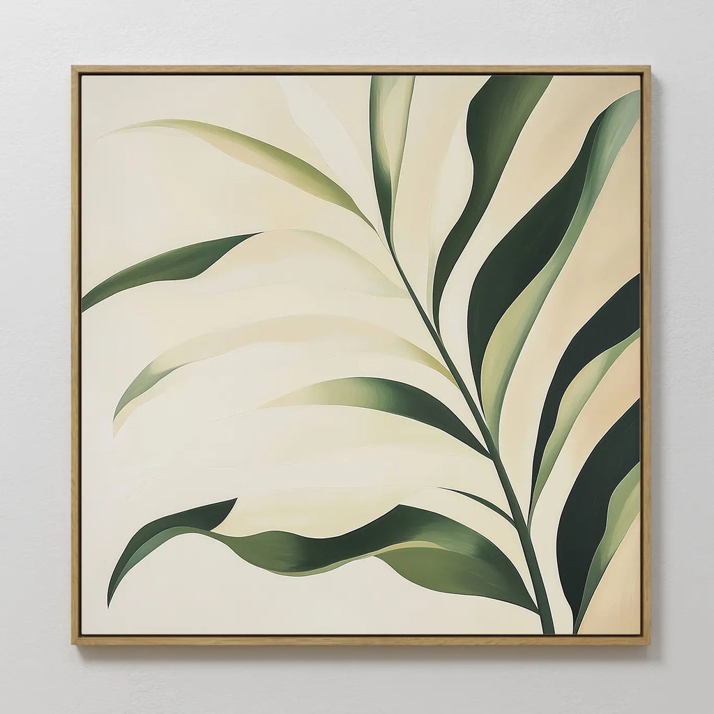 Spring Foliage Canvas Art features a plant with long green leaves on a light beige background. Framed in thin wood, this minimalist botanical wall art is perfect for modern interiors with its soft lines and gentle color transitions.
