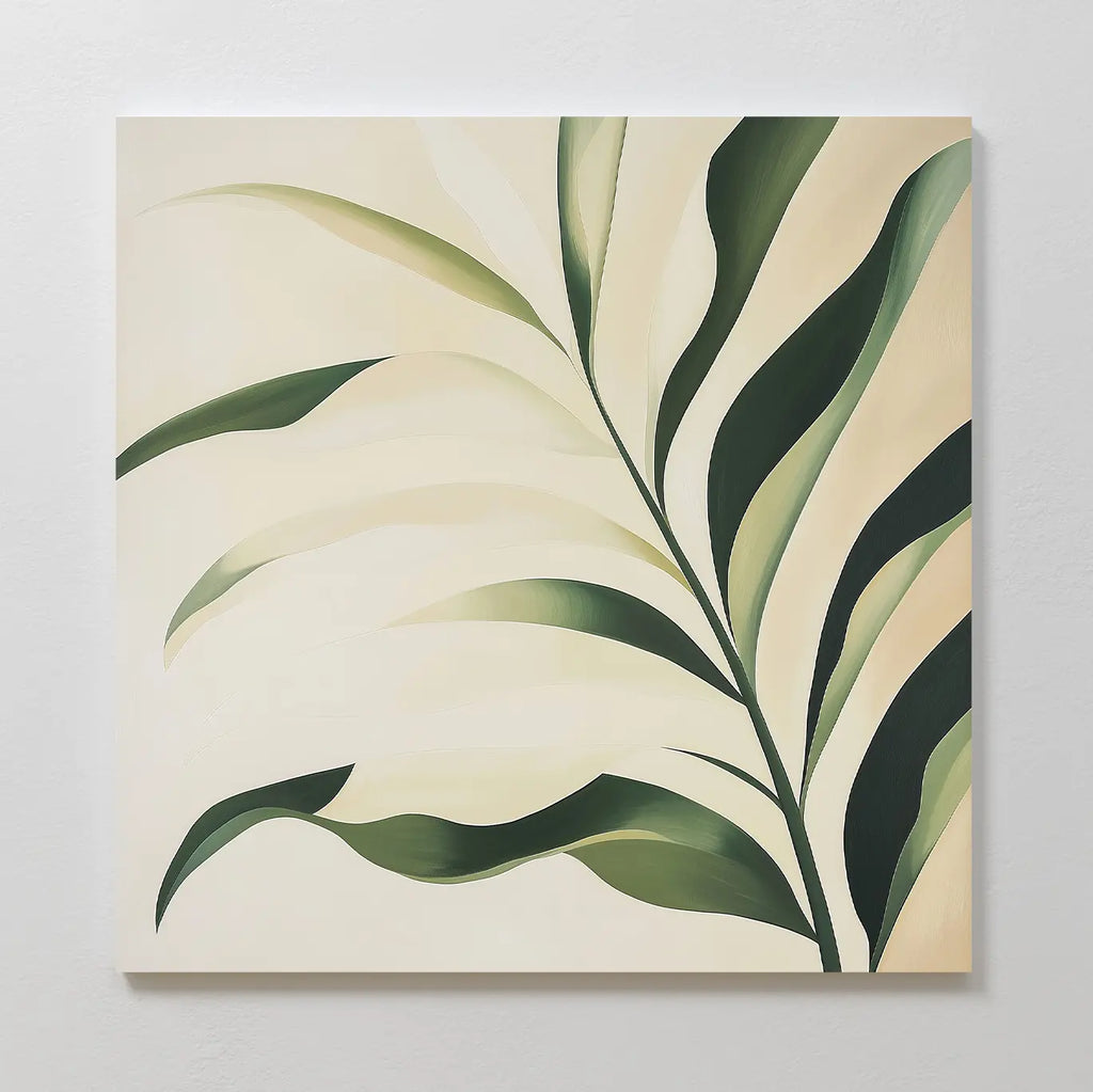 Spring Foliage Canvas Art features a minimalist design of green leaves and long stems on a light beige background—an elegant botanical wall art piece perfect for modern interiors.