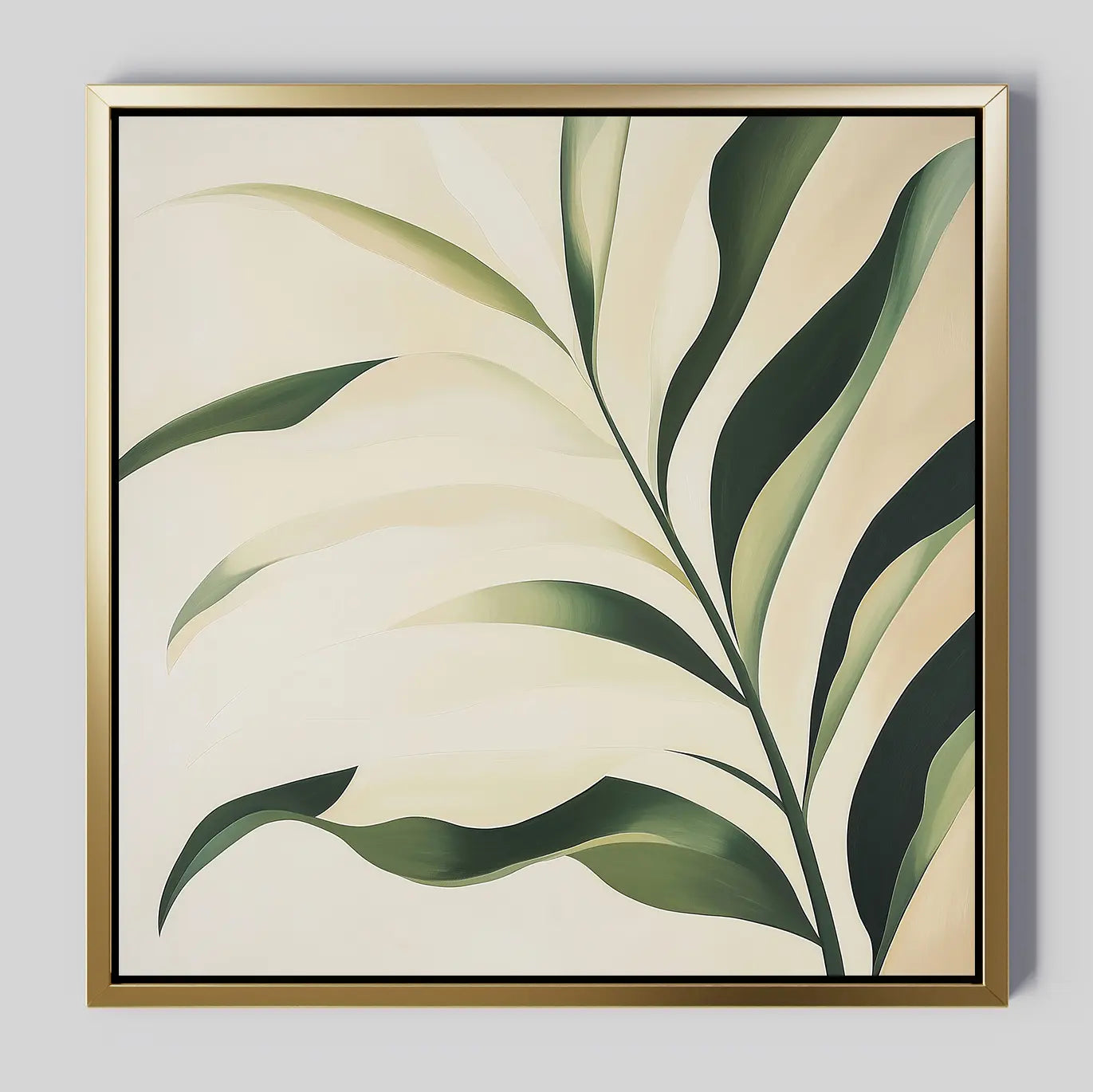Spring Foliage Canvas Art features minimalist green leaves with light shading on an off-white background in a thin gold frame—an elegant print ideal for modern interiors.