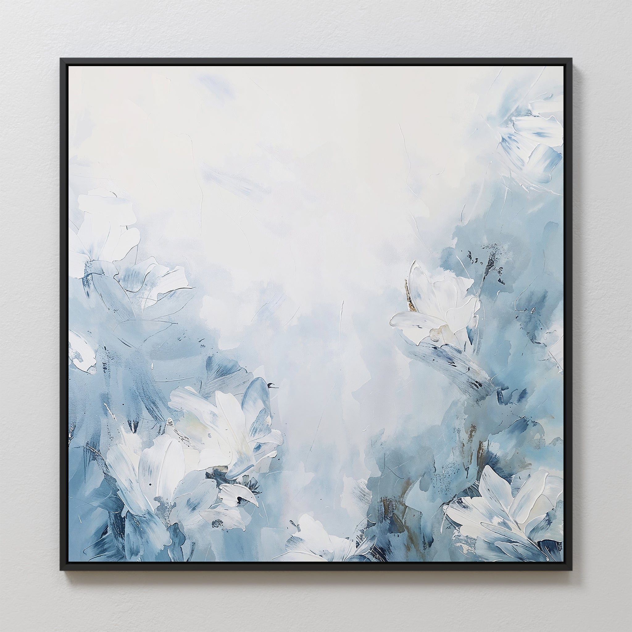 Spring Hues Abstract Canvas Art features soft white flowers and blue-gray brushstrokes on a light background, bringing a calm, airy touch—perfect as striking wall art for any modern space.