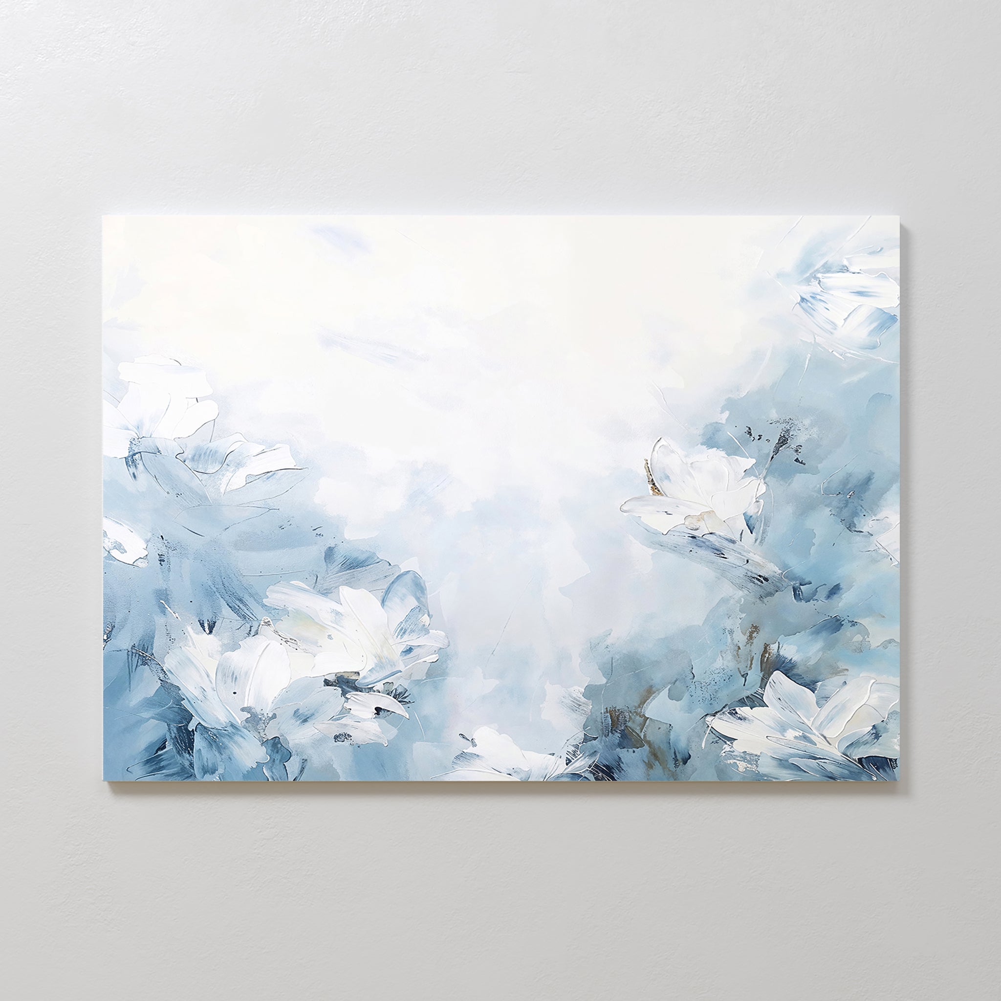 Spring Hues Canvas Art – Horizontal features white flowers with blue accents and soft brushstrokes on a misty background, adding a delicate, serene touch that's perfect for minimalist modern living room decor.