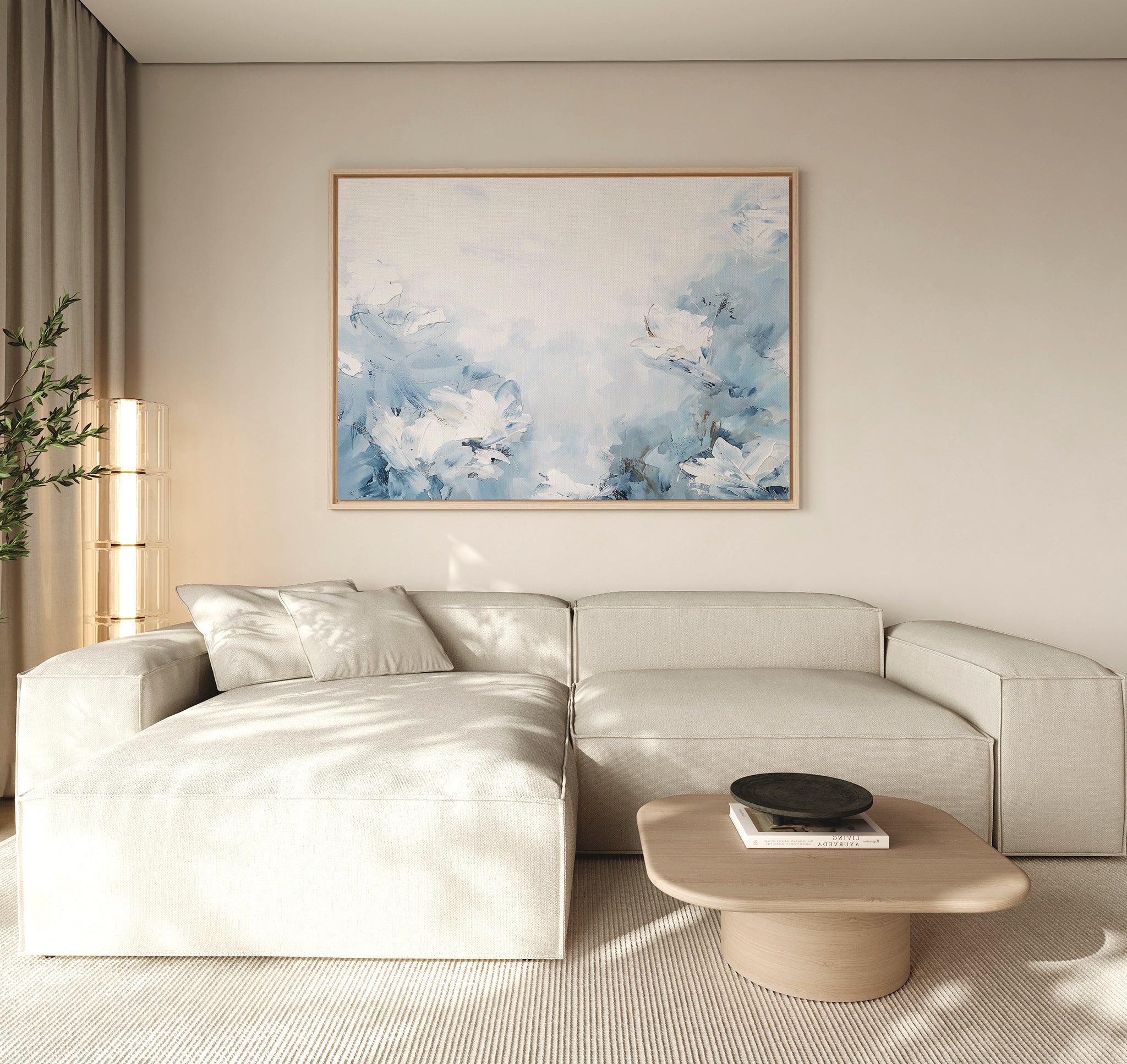 A modern living room featuring a light beige sectional sofa, the Spring Hues Canvas Art – Horizontal above, a low wooden coffee table with a black bowl, and sheer curtains—ideal for creating effortless living room decor.