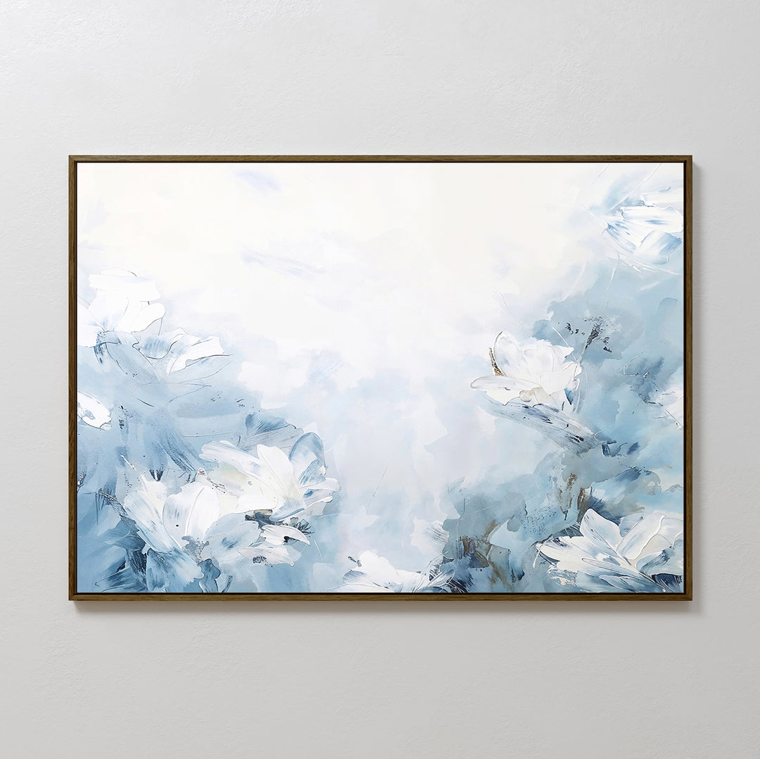 The Spring Hues Canvas Art – Horizontal features soft, abstract white flowers with blue and gray tones on a light background, perfect as minimalist wall art to create a calm and airy feel in your living room decor.