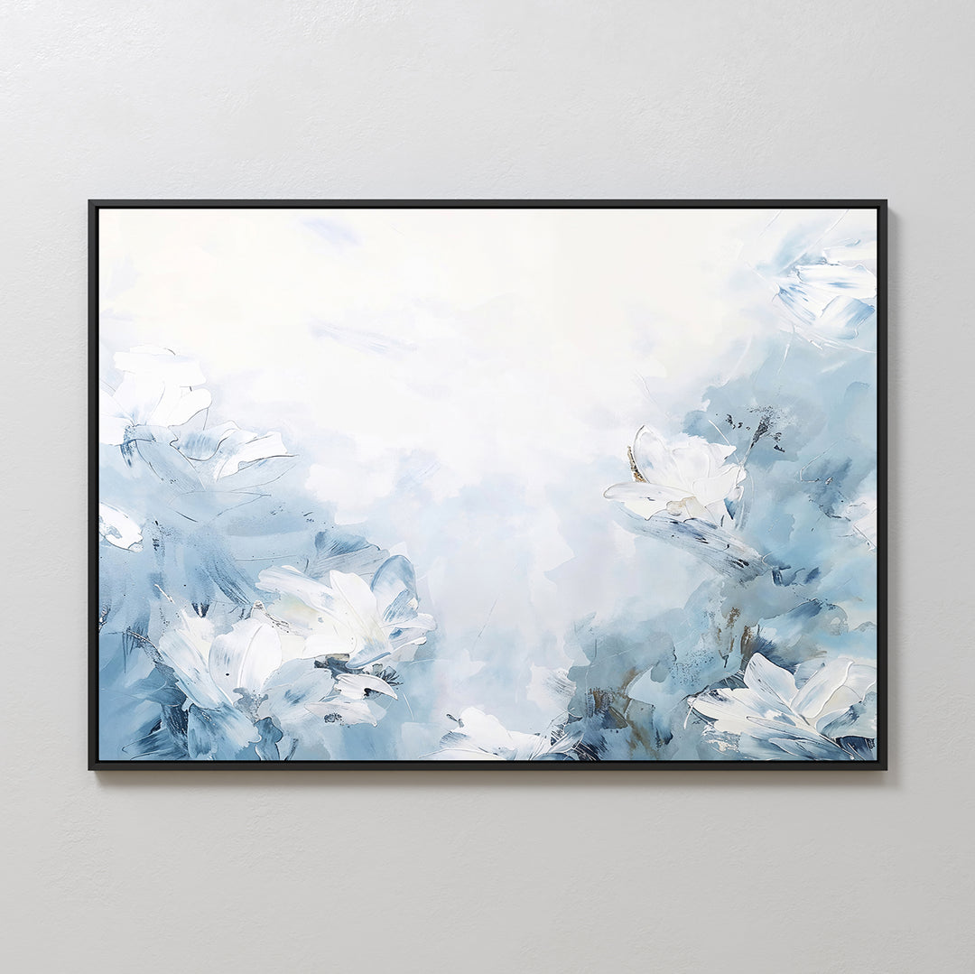 Spring Hues Canvas Art – Horizontal: This framed abstract painting showcases white flowers with blue and gray brushstrokes on a light background, adding a soft, airy touch—ideal for modern living room decor.