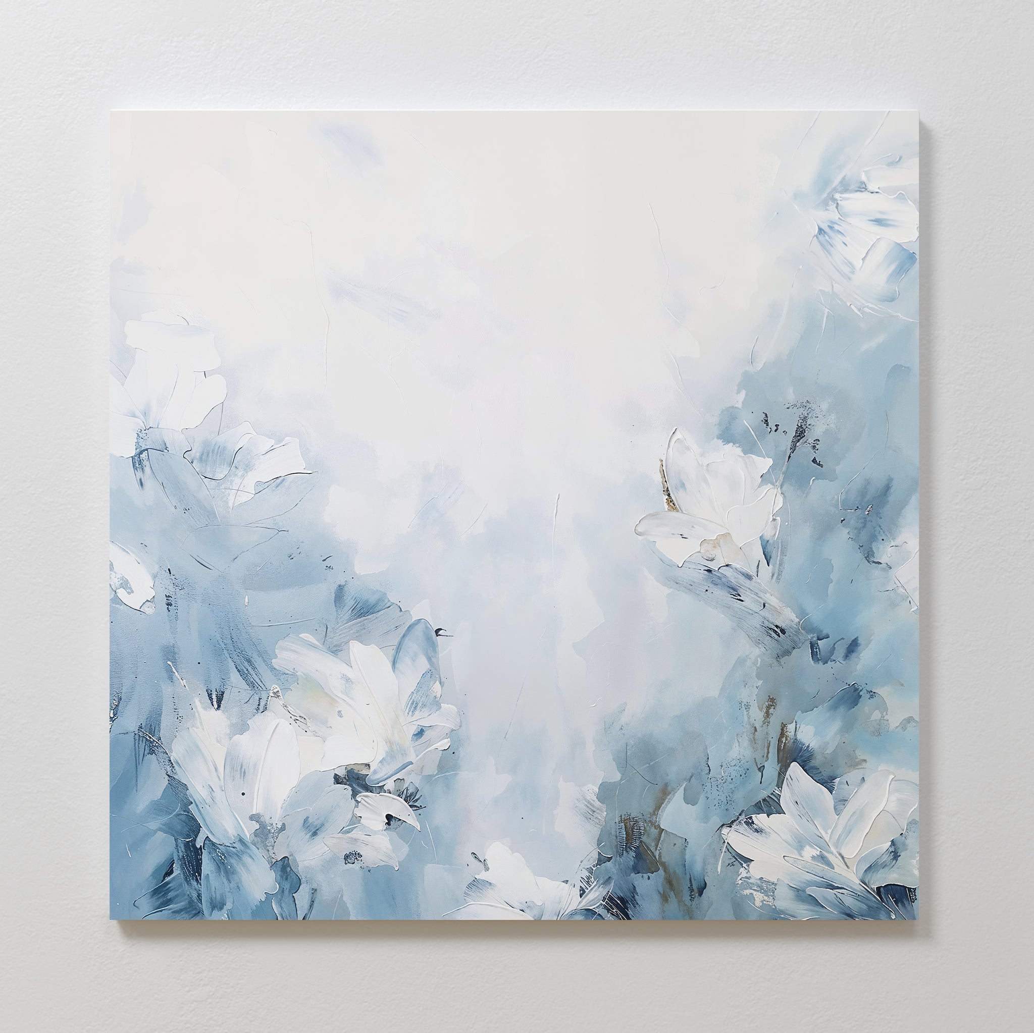 Spring Hues Abstract Canvas Art showcases an abstract floral design in soft blue and white tones, with delicate flowers blending into a light background—an ideal, captivating wall art piece for any room.