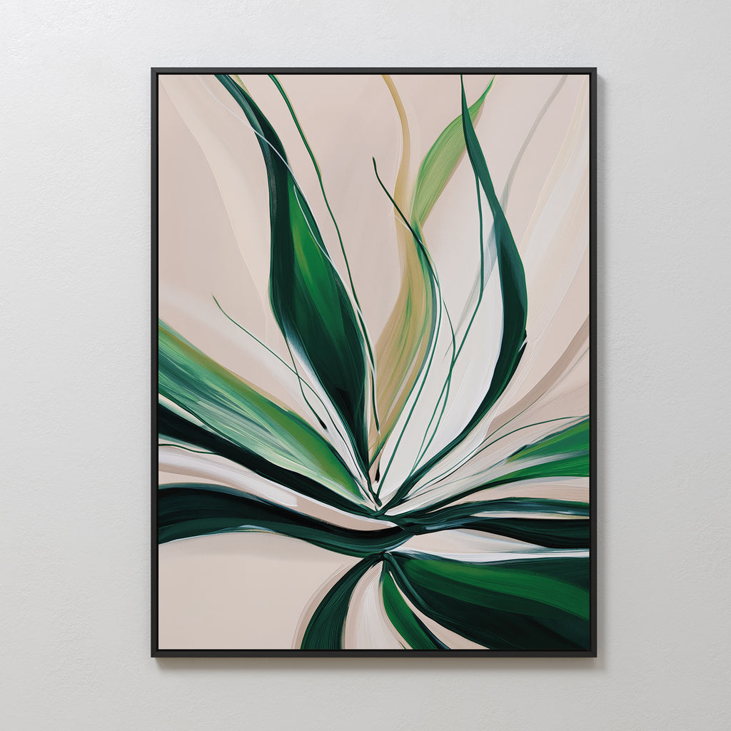 Springs Essence Abstract Canvas Art showcases bold green leaves with expressive brushstrokes on a light beige background, framed in black. Overlapping shades of green and white create a flowing, organic Nordic minimalist look.