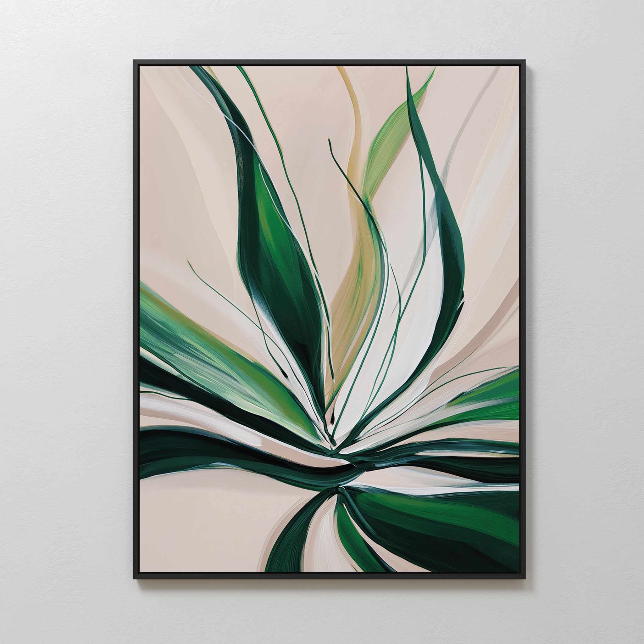 Springs Essence Abstract Canvas Art showcases bold green leaves with expressive brushstrokes on a light beige background, framed in black. Overlapping shades of green and white create a flowing, organic Nordic minimalist look.