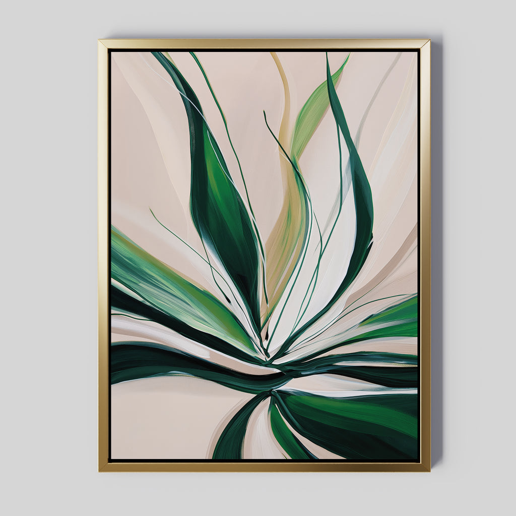 Springs Essence Abstract Canvas Art features bold green and white brushstrokes on a light beige background, evoking flowing leaves. This minimalist wall art comes in a sleek gold frame inspired by modern Nordic Park style.