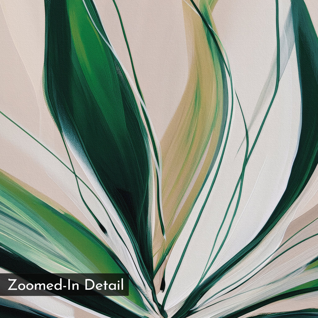 Spring's Essence Abstract Canvas Art features a close-up of green, white, and beige curved lines resembling plant leaves on a light background. A box in the bottom left reads "Zoomed-In Detail." This minimalist piece brings modern elegance to any space.