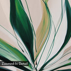 Spring's Essence Abstract Canvas Art features a close-up of green, white, and beige curved lines resembling plant leaves on a light background. A box in the bottom left reads "Zoomed-In Detail." This minimalist piece brings modern elegance to any space.