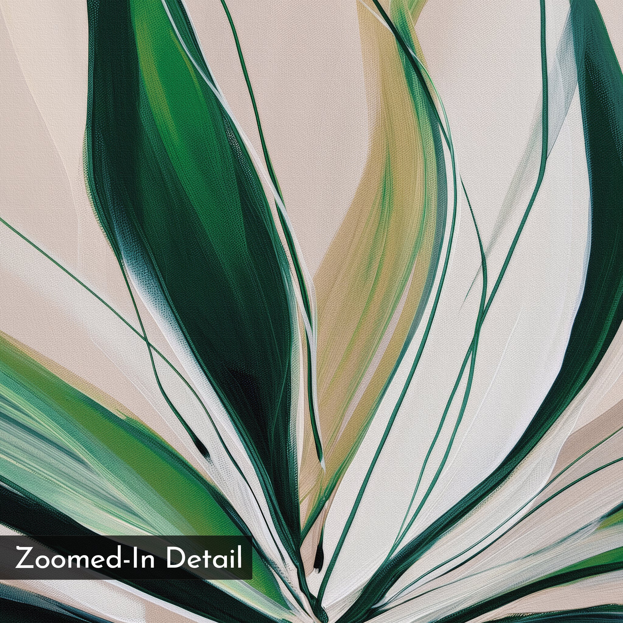 Spring's Essence Abstract Canvas Art features a close-up of green, white, and beige curved lines resembling plant leaves on a light background. A box in the bottom left reads "Zoomed-In Detail." This minimalist piece brings modern elegance to any space.