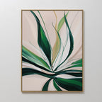 Springs Essence Abstract Canvas Art features green leaves with sweeping brushstrokes on a soft beige background, bringing a modern, botanical-inspired accent to any white wall.