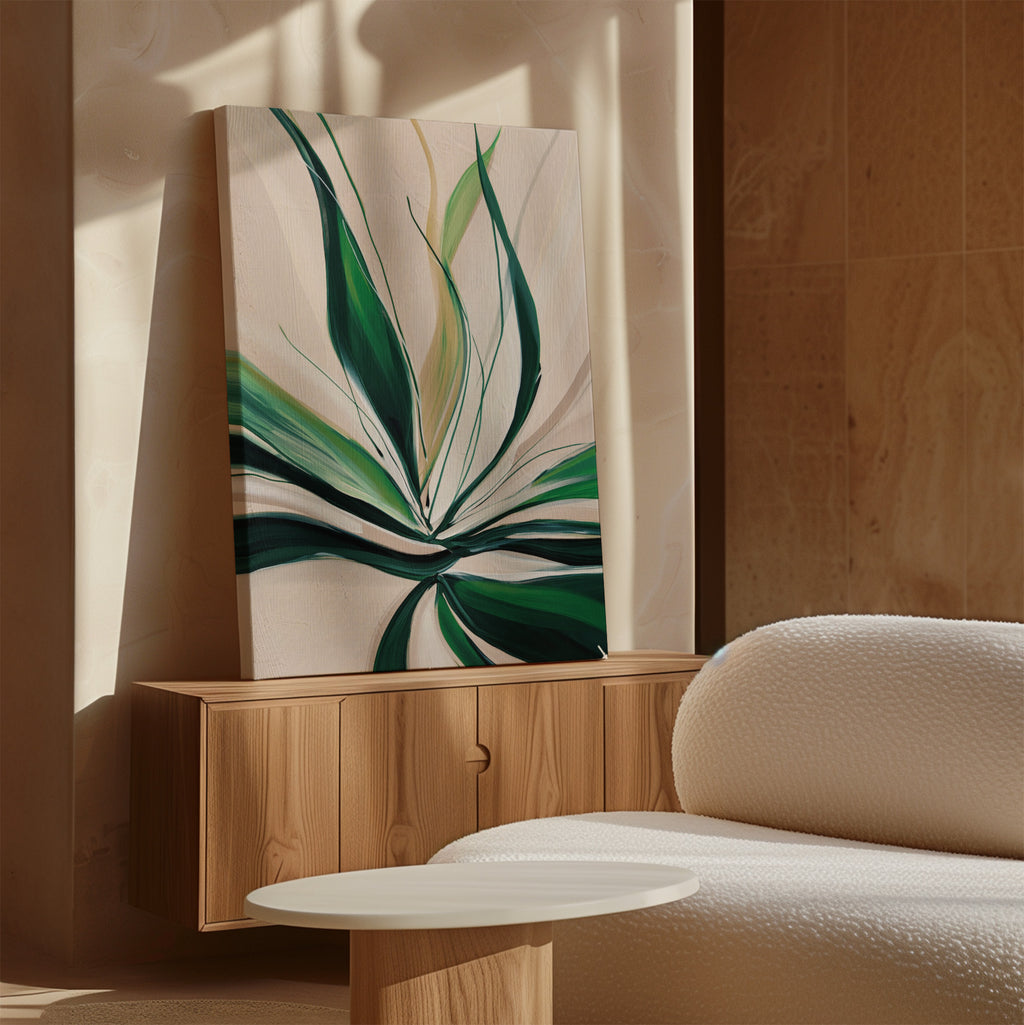 A modern room with beige walls features the Springs Essence Abstract Canvas Art above a wooden sideboard. Nearby, a white textured sofa and a round table sit in natural light, creating a serene Nordic Park-inspired atmosphere.