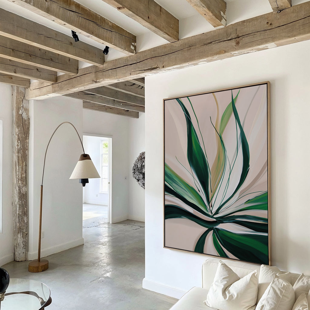 A modern living room with exposed wooden beams, white walls, a curved floor lamp, and Springs Essence Abstract Canvas Art featuring green leaves above a white sofa. Natural light fills the Nordic Park-inspired space.
