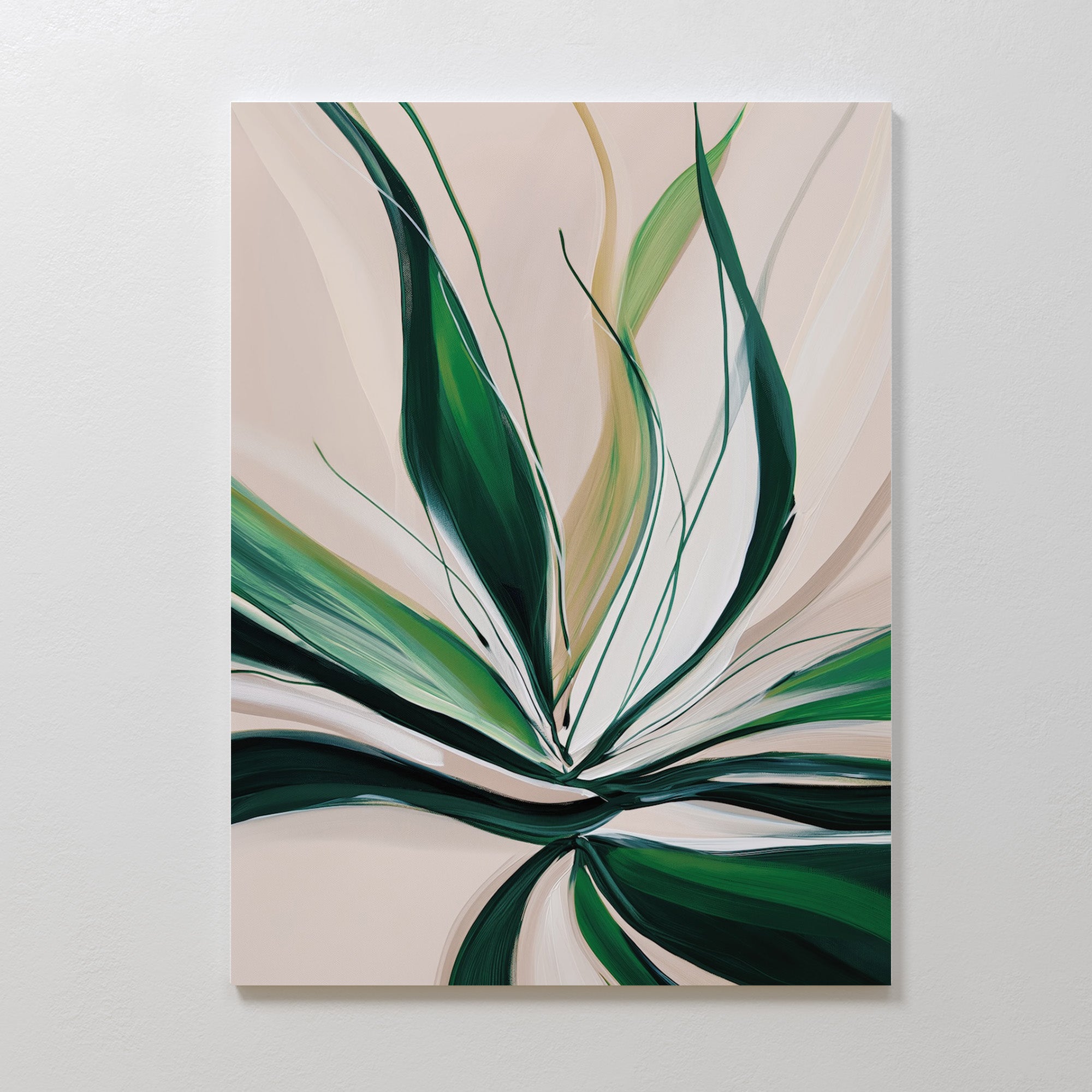 Springs Essence Abstract Canvas Art showcases green, elongated leaves in light and dark shades on a soft beige background. This minimalist piece evokes Nordic Park serenity with its dynamic, organic composition of curving, overlapping foliage.