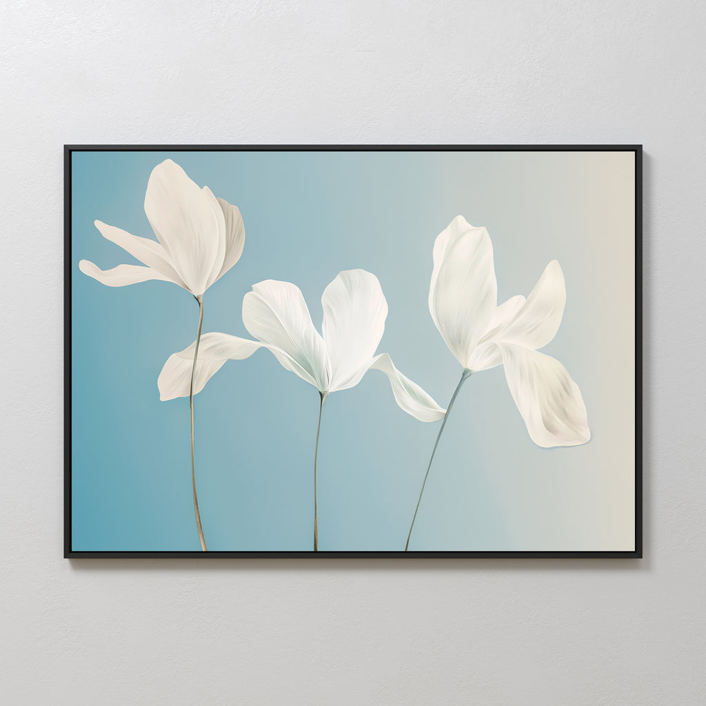 The Stellar Flora Abstract Canvas Art features three delicate white flowers with long stems on a soft blue and beige gradient, making it perfect for enhancing any light-colored living room decor.
