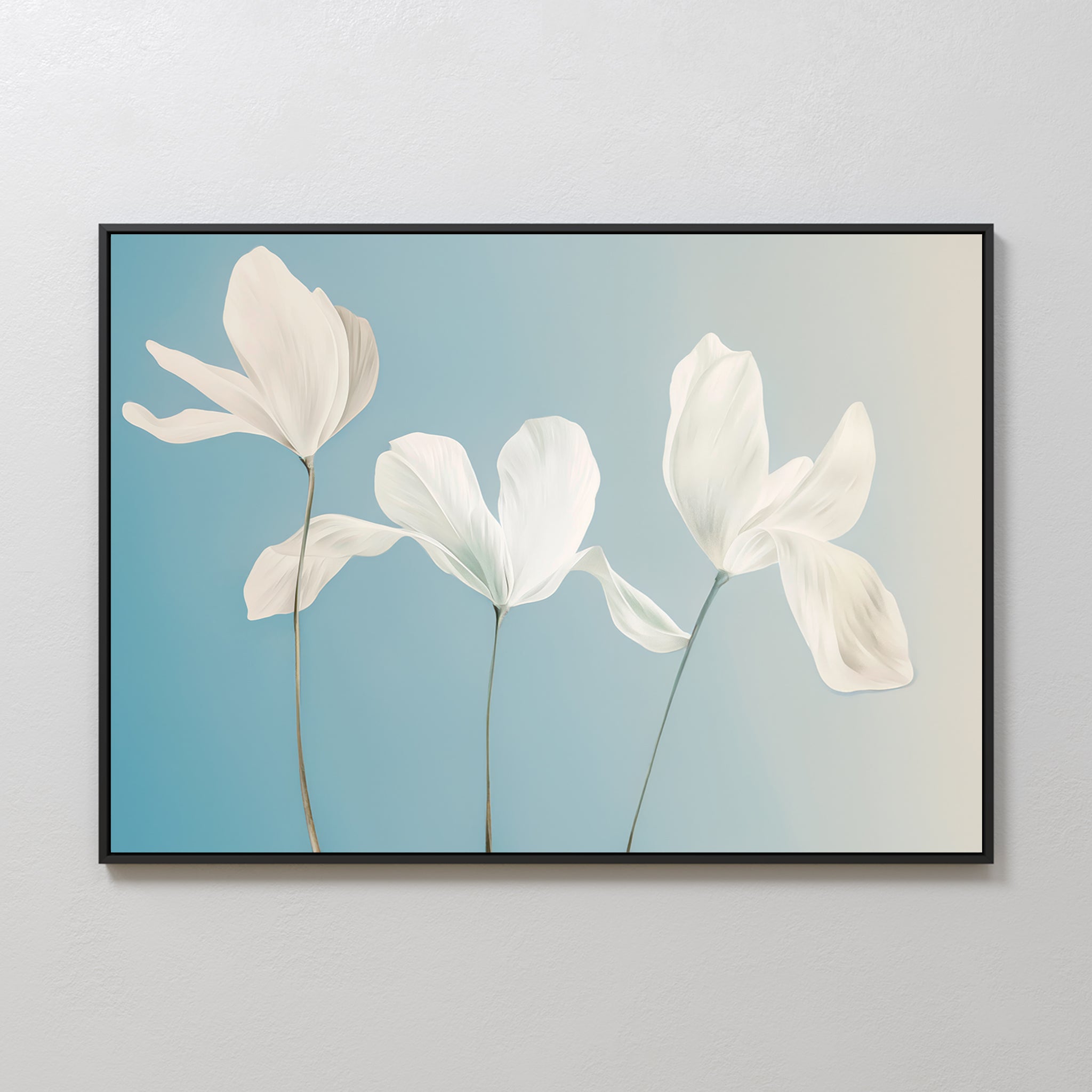 The Stellar Flora Abstract Canvas Art features three delicate white flowers with long stems on a soft blue and beige gradient, making it perfect for enhancing any light-colored living room decor.