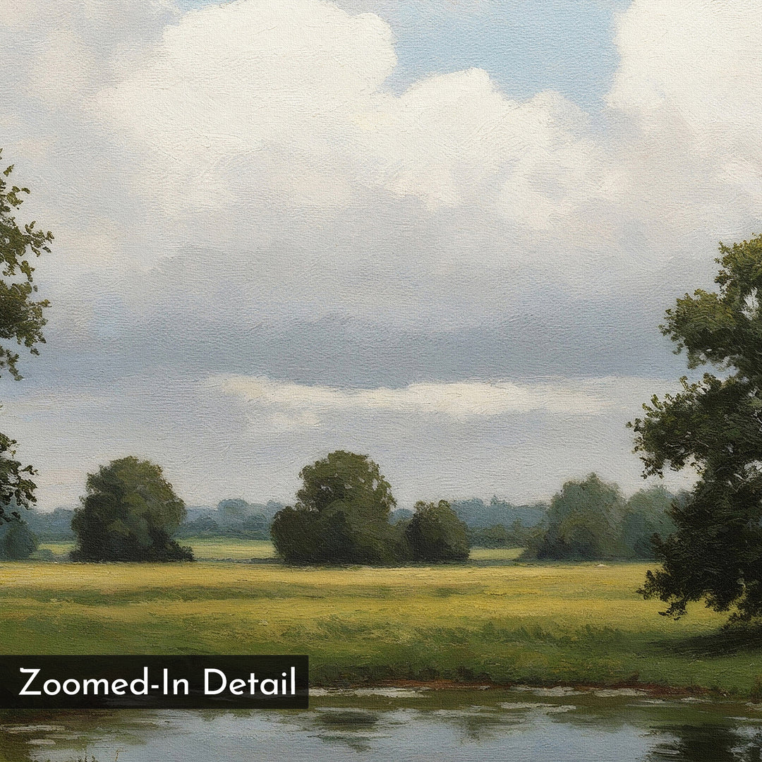 A detailed, zoomed-in section of the Still Grove Canvas Art shows a grassy field, scattered trees, and a pond under a cloudy sky. The words Zoomed-In Detail appear in the bottom left corner.