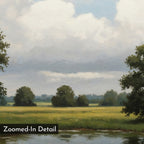 A detailed, zoomed-in section of the Still Grove Canvas Art shows a grassy field, scattered trees, and a pond under a cloudy sky. The words Zoomed-In Detail appear in the bottom left corner.