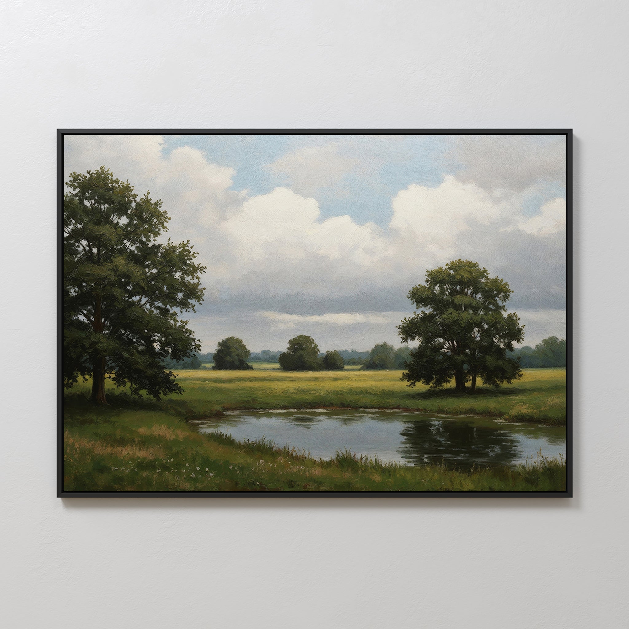 The Still Grove Canvas Art features a framed painting of two large trees by a small pond, with grassy fields and a partly cloudy sky in the background.