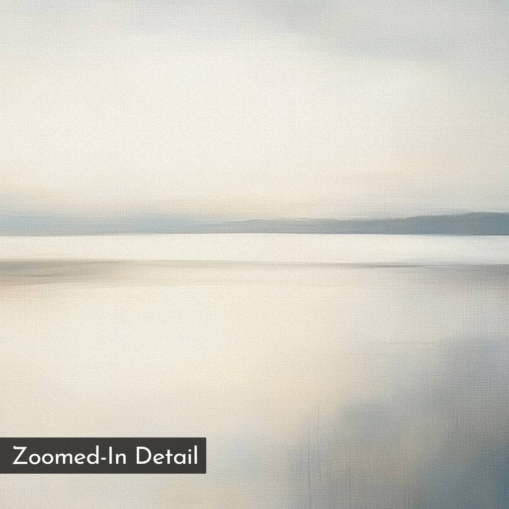 The Still Horizon Set of 2 features minimalist wall art with softly blurred landscapes in beige, gray, and white, depicting calm water and a serene shoreline beneath a cloudy sky. A "Zoomed-In Detail" label appears in the bottom left corner.