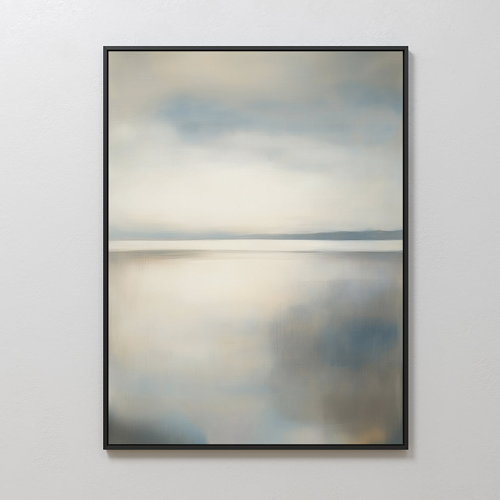 The Still Horizon Canvas Art features a framed abstract design with blended blue, beige, and white hues evoking a peaceful landscape. This minimalist wall art brings a calm, serene touch to any space.