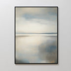 The Still Horizon Canvas Art features a framed abstract design with blended blue, beige, and white hues evoking a peaceful landscape. This minimalist wall art brings a calm, serene touch to any space.