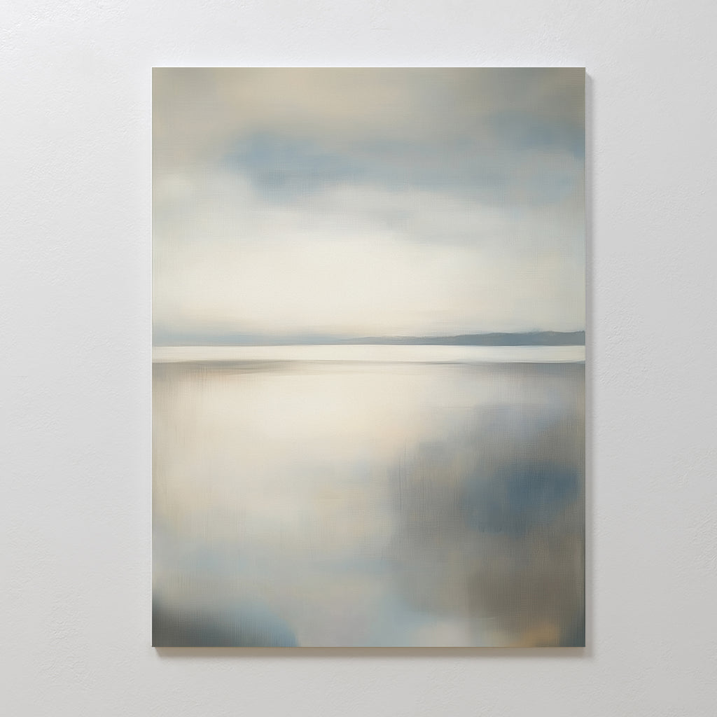 The Still Horizon Canvas Art features a calm, reflective body of water beneath a cloudy sky in soft blue, gray, and beige tones, bringing a serene and tranquil touch to any space.