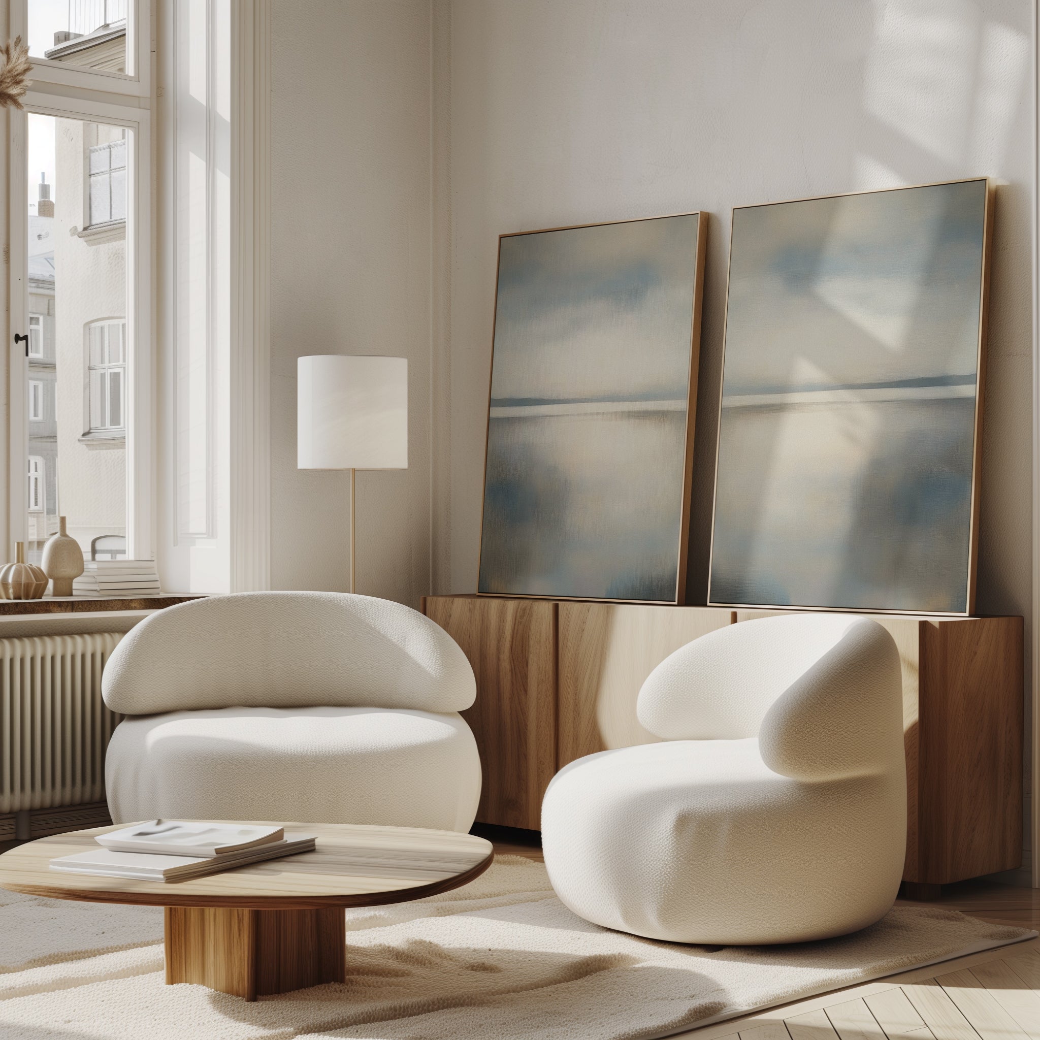 A modern living room with two rounded white armchairs, a low wooden coffee table, a minimalist floor lamp, and the Still Horizon Set of 2 serene shoreline art leaning on a wooden sideboard. Soft natural light fills the space.