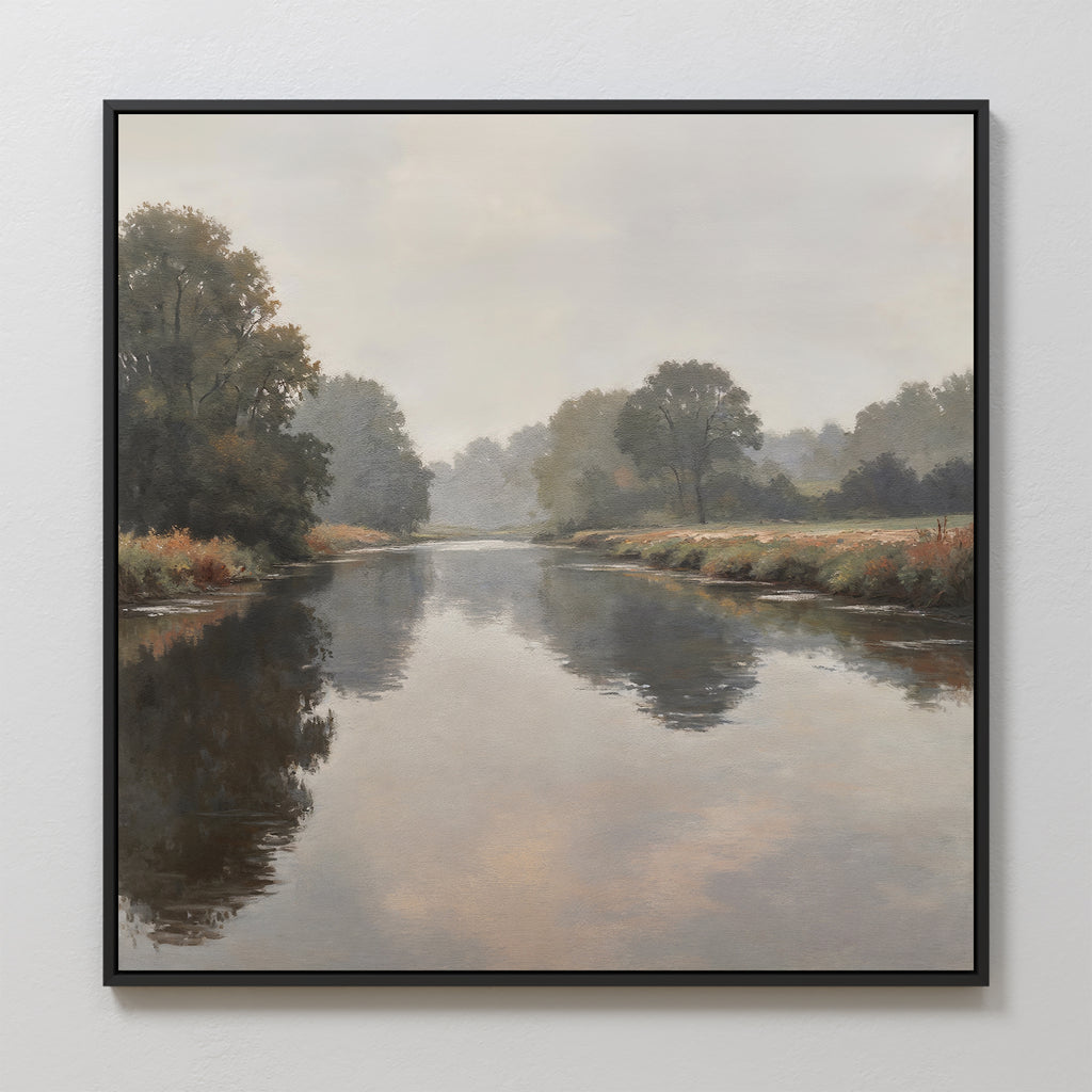 The Still Riverbank Canvas Art features a peaceful river mirroring trees and clouds, with lush greenery along the banks—an ideal framed piece for bedroom decor that adds a soft, serene touch to any space.