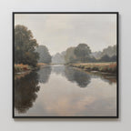 The Still Riverbank Canvas Art features a peaceful river mirroring trees and clouds, with lush greenery along the banks—an ideal framed piece for bedroom decor that adds a soft, serene touch to any space.