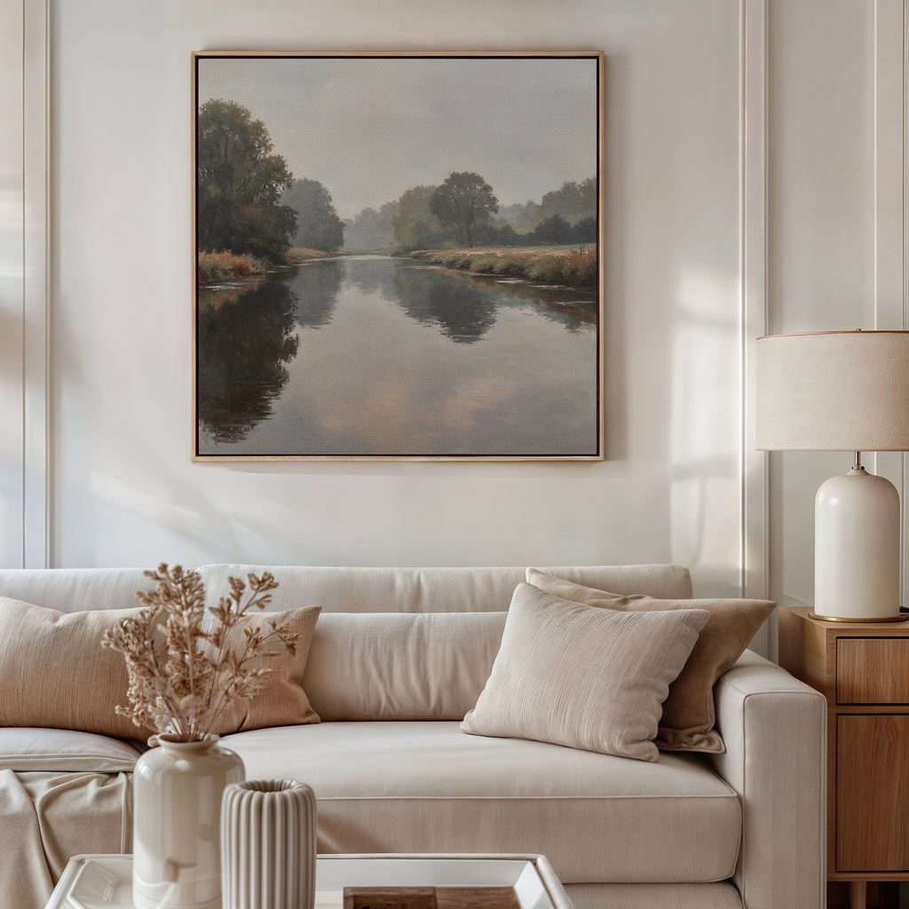A cozy living room with a beige sofa, neutral pillows, a coffee table with a vase of dried flowers, a table lamp, and minimalist wall art—Still Riverbank Canvas Art—framed and hanging on the wall.