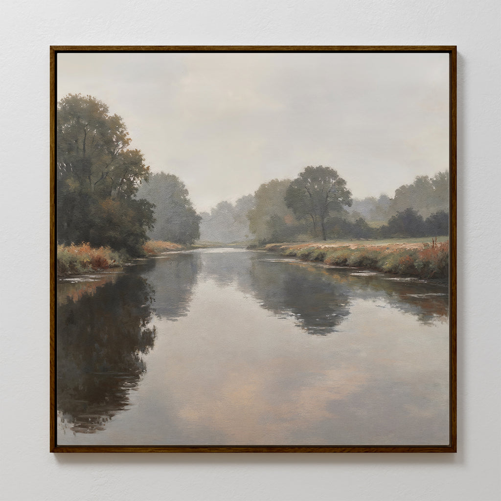 The Still Riverbank Canvas Art features a tranquil river with trees in muted tones, creating serene minimalist wall art—ideal for adding calm to your bedroom decor.