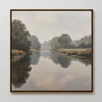The Still Riverbank Canvas Art features a tranquil river with trees in muted tones, creating serene minimalist wall art—ideal for adding calm to your bedroom decor.