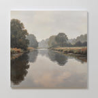 Still Riverbank Canvas Art features a tranquil river mirroring trees and a cloudy sky, with grassy banks and misty woods—ideal minimalist wall art for adding peaceful decor to your bedroom.