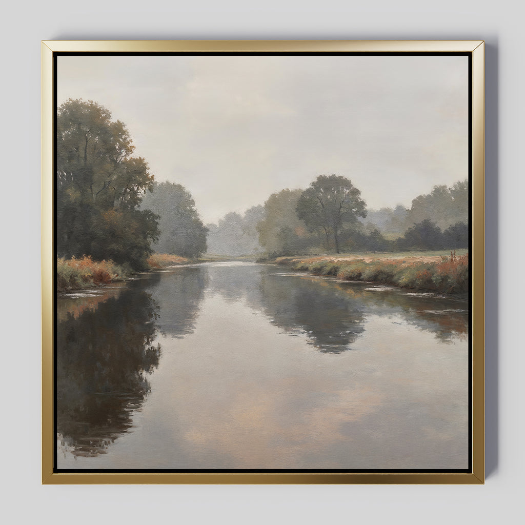 Still Riverbank Canvas Art features a tranquil river mirroring trees and a cloudy sky, with misty grassy banks. This minimalist framed wall art brings peaceful, serene vibes—ideal for creating a calming bedroom atmosphere.