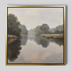 Still Riverbank Canvas Art features a tranquil river mirroring trees and a cloudy sky, with misty grassy banks. This minimalist framed wall art brings peaceful, serene vibes—ideal for creating a calming bedroom atmosphere.
