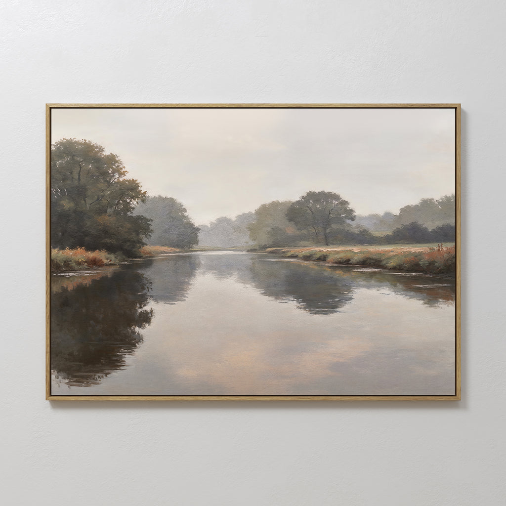 The Still Riverbank Canvas Art – Horizontal features a tranquil river with reflected trees and autumn foliage, adding serene, minimalist beauty to any white wall—perfect for enhancing bedroom decor.