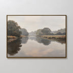 Still Riverbank Canvas Art – Horizontal features a calm river reflecting trees and shrubs beneath a hazy sky in soft, muted tones—ideal minimalist wall art to bring peaceful, tranquil style to your bedroom decor.