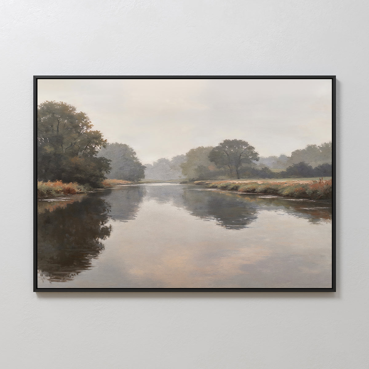 Bring tranquility to your space with the Still Riverbank Canvas Art – Horizontal, featuring a serene river bordered by trees and shrubs under an overcast sky—ideal minimalist wall art for peaceful bedroom decor.