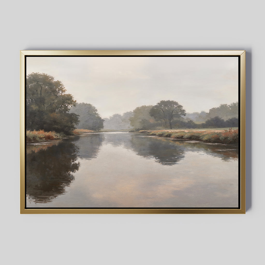 The Still Riverbank Canvas Art – Horizontal features a calm river with green and brown foliage and a misty sky, making it an ideal piece to add a soft, tranquil touch to your bedroom decor.