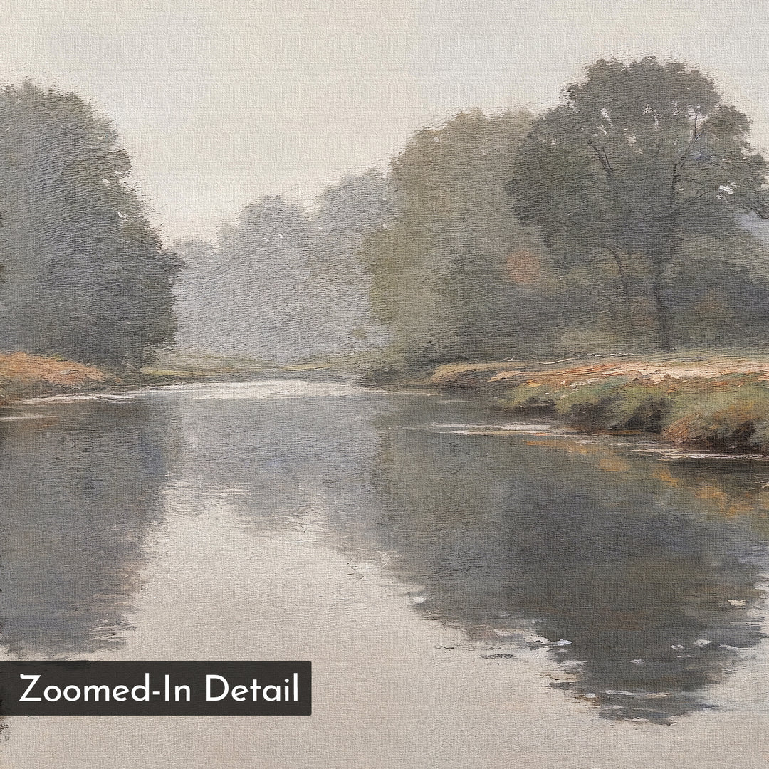 A tranquil river reflects lush trees and greenery beneath a misty sky. The image features a “Zoomed-In Detail” label in the corner—ideal as the Still Riverbank Canvas Art wall print.