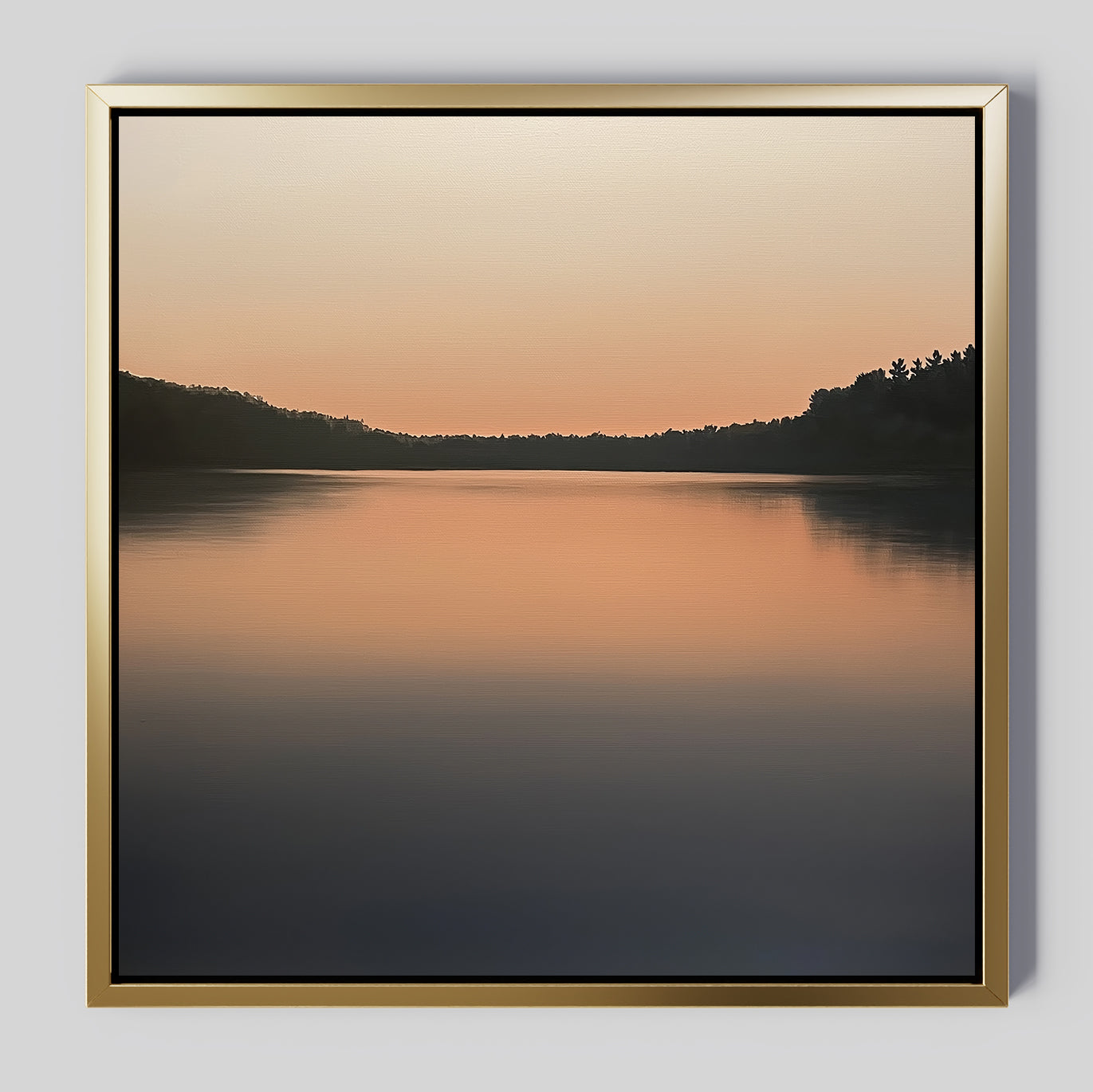 The Still Waters Canvas Art features a tranquil lake at sunset with calm water reflecting orange and pink skies and silhouetted treetops—an ideal, peaceful wall art piece to enhance your living room decor.