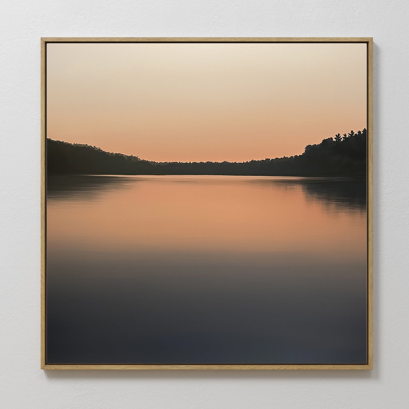 Still Waters Canvas Art showcases a tranquil lake at sunset, with orange and pink hues reflecting on the water and dark tree silhouettes—perfect peaceful wall art for your living room décor.