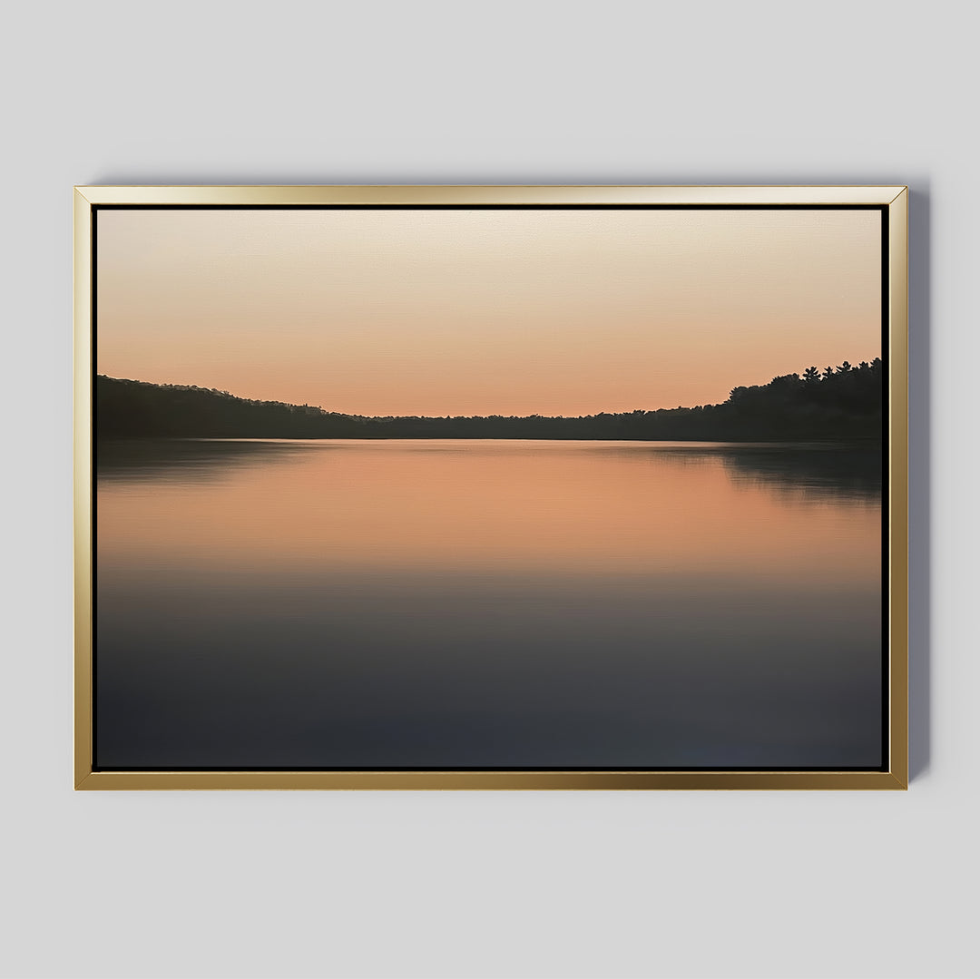 Still Waters Canvas Art – Horizontal features a serene lake at sunset with a soft gradient sky and silhouetted trees, making it perfect for tranquil bedroom decor or as elegant wall art to create a calming atmosphere.