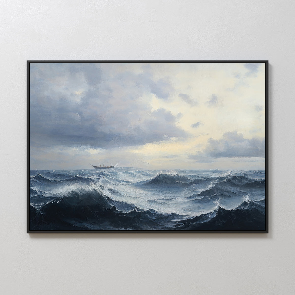 The Stormy Seas Canvas Art features a turbulent ocean under a cloudy sky, with large waves in the foreground and a distant ship on the horizon, displayed against a plain white wall.