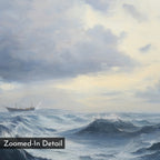 Stormy Seas Canvas Art captures a ship navigating rough waves beneath a cloudy sky—ideal ocean wall art for nautical decor. “Zoomed-In Detail” appears in the lower left corner.