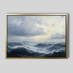 The Stormy Seas Canvas Art features dark, choppy waves beneath a cloudy sky, with a distant ship on the horizon—a dramatic nautical print perfect for any space.