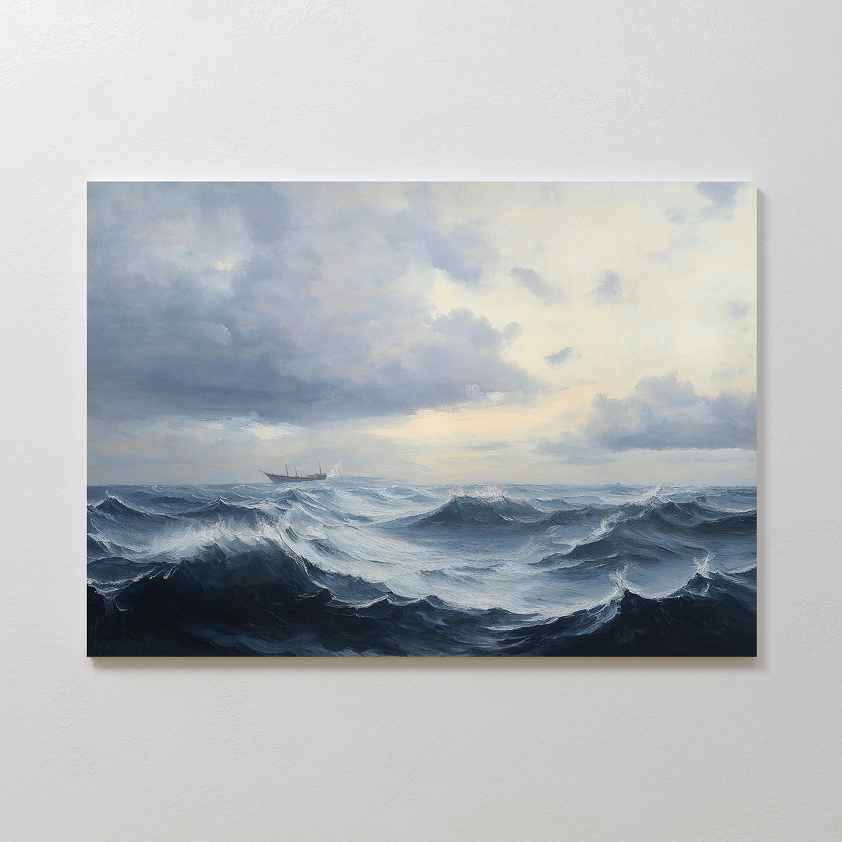 The Stormy Seas Canvas Art features a dramatic painting of dark, rolling waves beneath a cloudy sky, with a small, distant ship barely visible on the horizon.